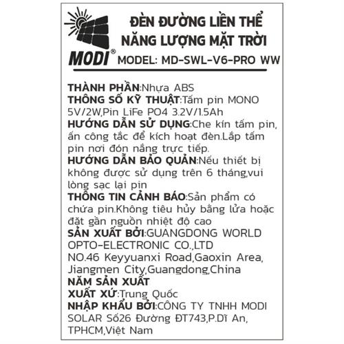 Đèn hắt tường năng lượng mặt trời Modi MD-SWL-V6-PRO WW Màu Đen