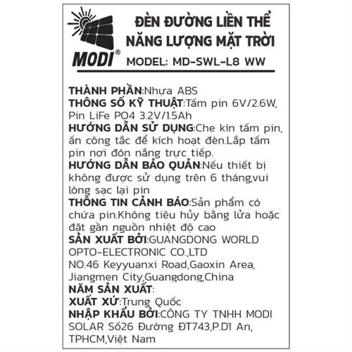 Đèn hắt tường năng lượng mặt trời Modi MD-SWL-L8 WW Màu Đen
