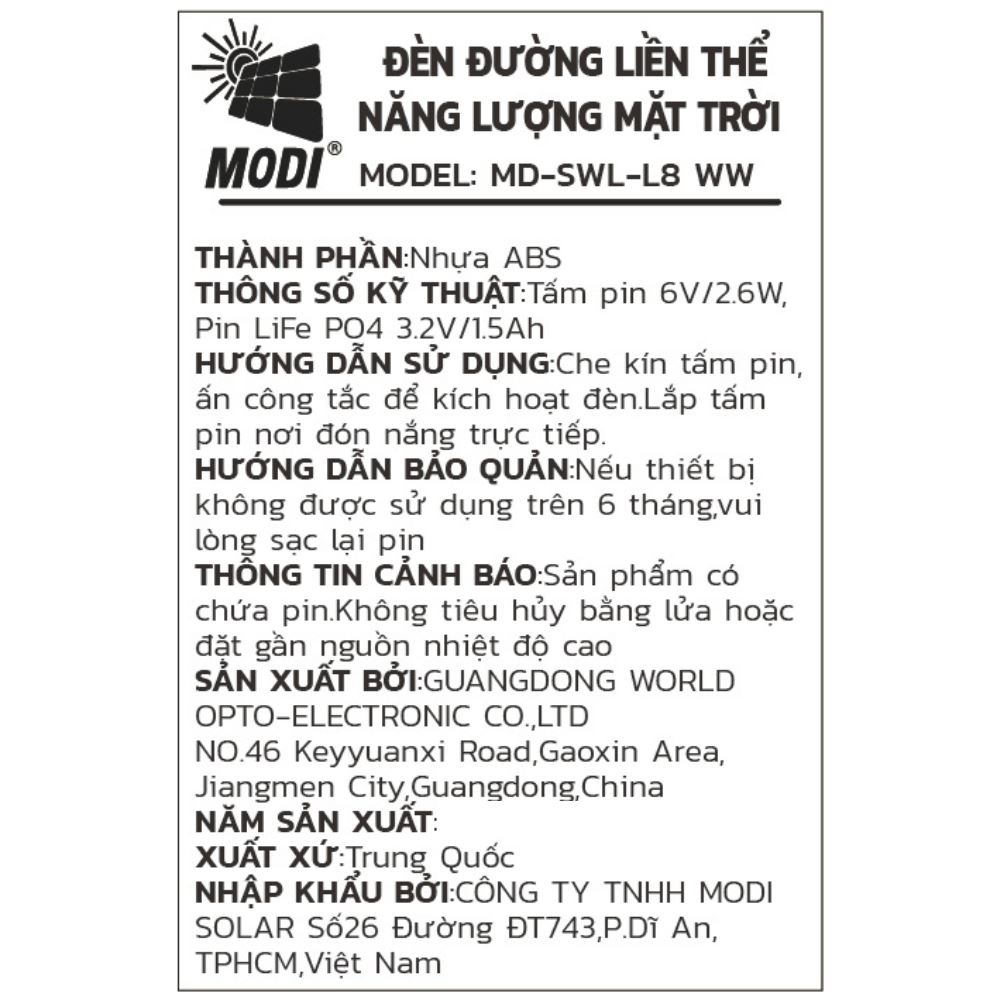 Đèn hắt tường năng lượng mặt trời Modi MD-SWL-L8 WW Màu Đen