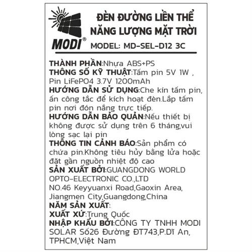 Đèn tích điện năng lượng mặt trời Modi MD-SEL-D12 3C Màu Xanh lá