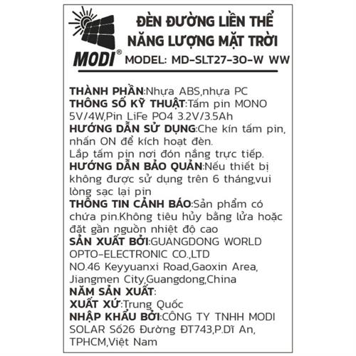 Đèn đường liền thể năng lượng mặt trời Modi MD-SLT27-30-W WW Màu Đen