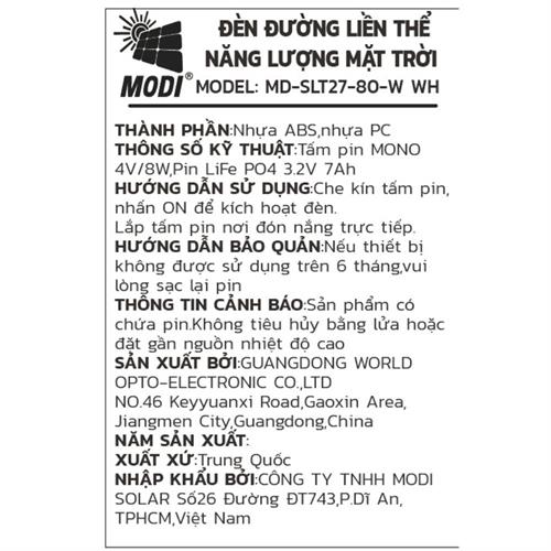 Đèn đường liền thể năng lượng mặt trời Modi MD-SLT27-80-W WH Màu Trắng