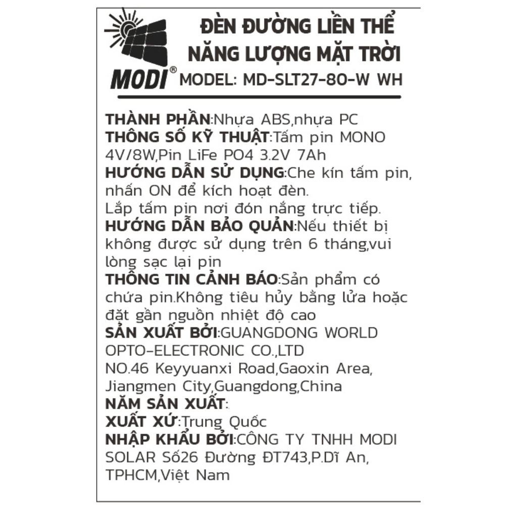 Đèn đường liền thể năng lượng mặt trời Modi MD-SLT27-80-W WH Màu Trắng