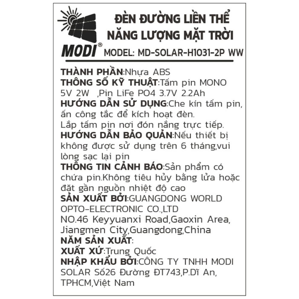 Đèn năng lượng mặt trời đa năng Modi MD-SOLAR-H1031-2P WW Màu Đen