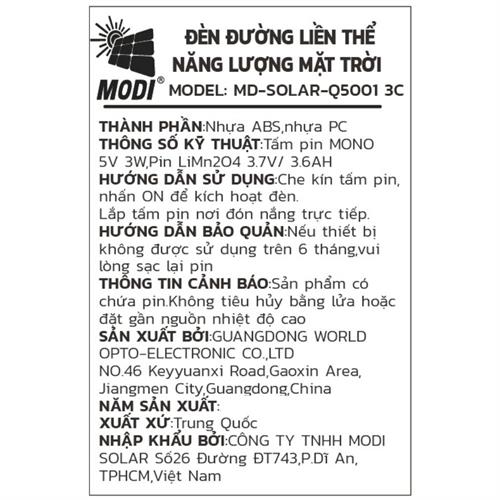 Đèn tường năng lượng mặt trời Modi MD-SOLAR-Q5001 3C Màu Trắng