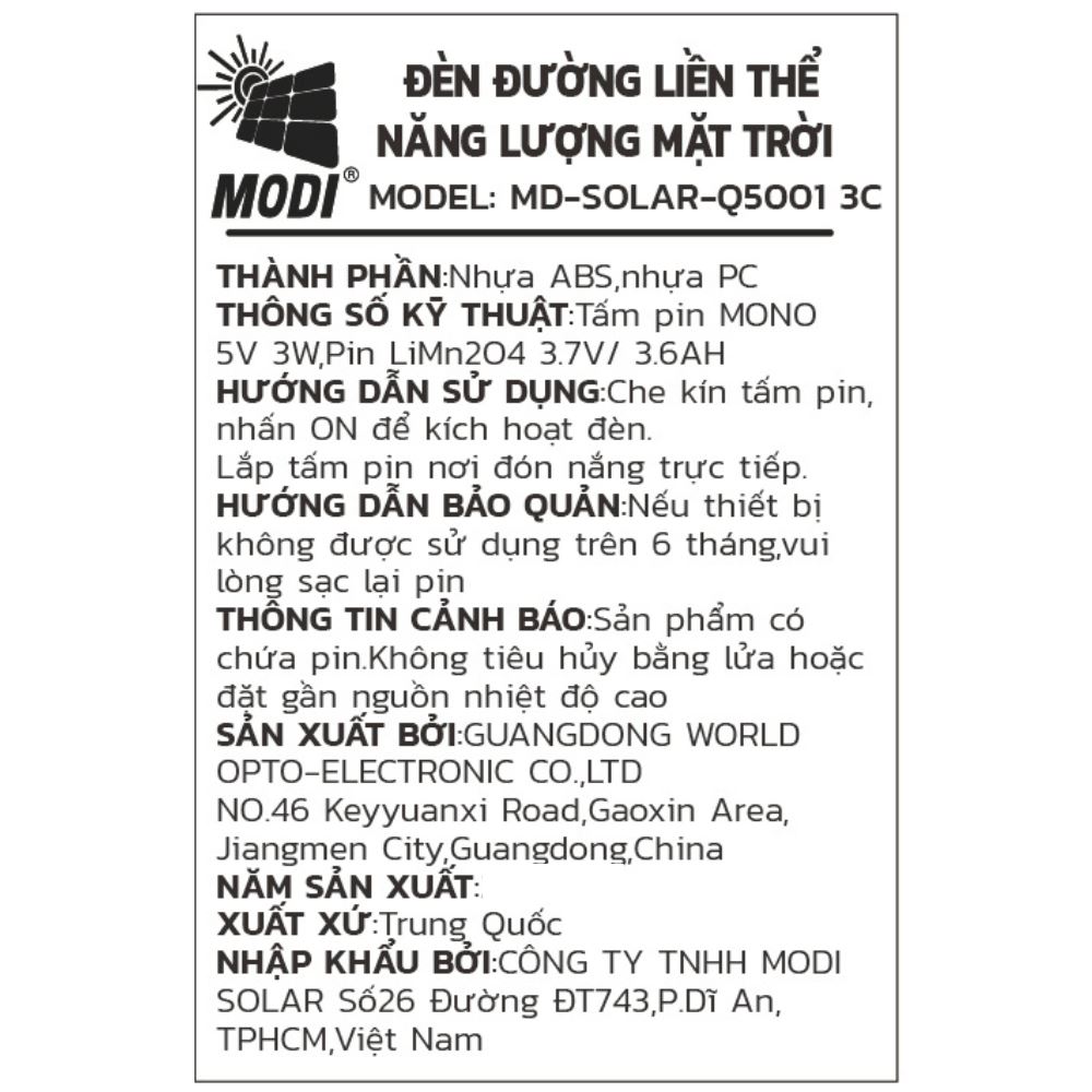 Đèn tường năng lượng mặt trời Modi MD-SOLAR-Q5001 3C Màu Trắng