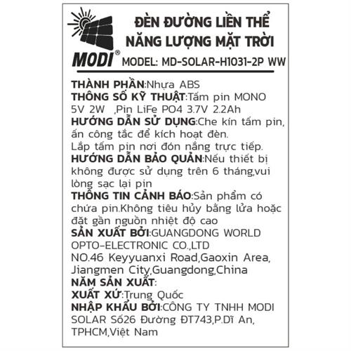 Đèn năng lượng mặt trời đa năng Modi MD-SOLAR-H1031 WW Màu Đen