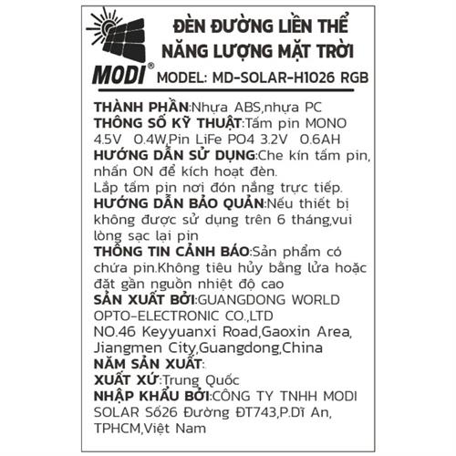 Đèn hắt tường năng lượng mặt trời Modi MD-SOLAR-H1026 RGB Màu Đen