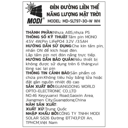 Đèn đường liền thể năng lượng mặt trời Modi MD-SLT97-30-W WH Màu Xám