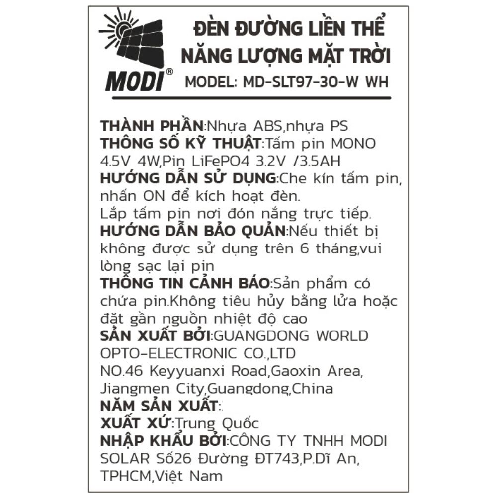 Đèn đường liền thể năng lượng mặt trời Modi MD-SLT97-30-W WH Màu Xám
