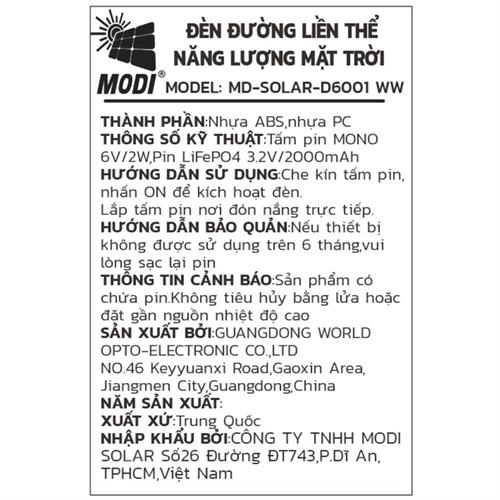 Đèn năng lượng mặt trời đa năng Modi MD-SOLAR-D6001 WW Màu Đen