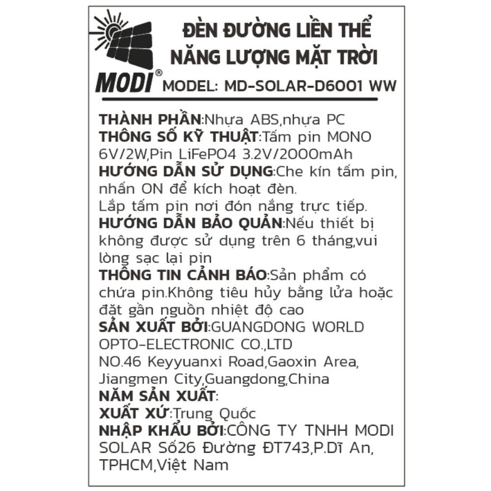 Đèn năng lượng mặt trời đa năng Modi MD-SOLAR-D6001 WW Màu Đen