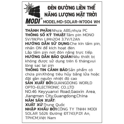Đèn năng lượng mặt trời an ninh chống trộm Modi MD-SOLAR-W7004 WH Màu Đen