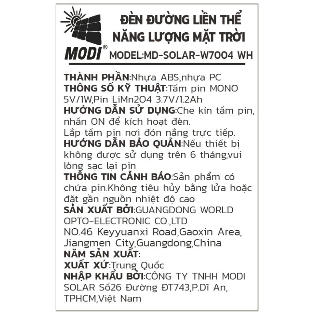 Đèn năng lượng mặt trời an ninh chống trộm Modi MD-SOLAR-W7004 WH Màu Đen
