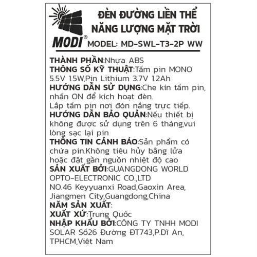 Đèn hắt tường năng lượng mặt trời Modi MD-SWL-T3-2P WW Màu Đen