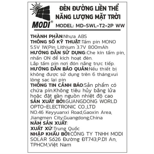 Đèn hắt tường năng lượng mặt trời Modi MD-SWL-T2-2P WW Màu Đen