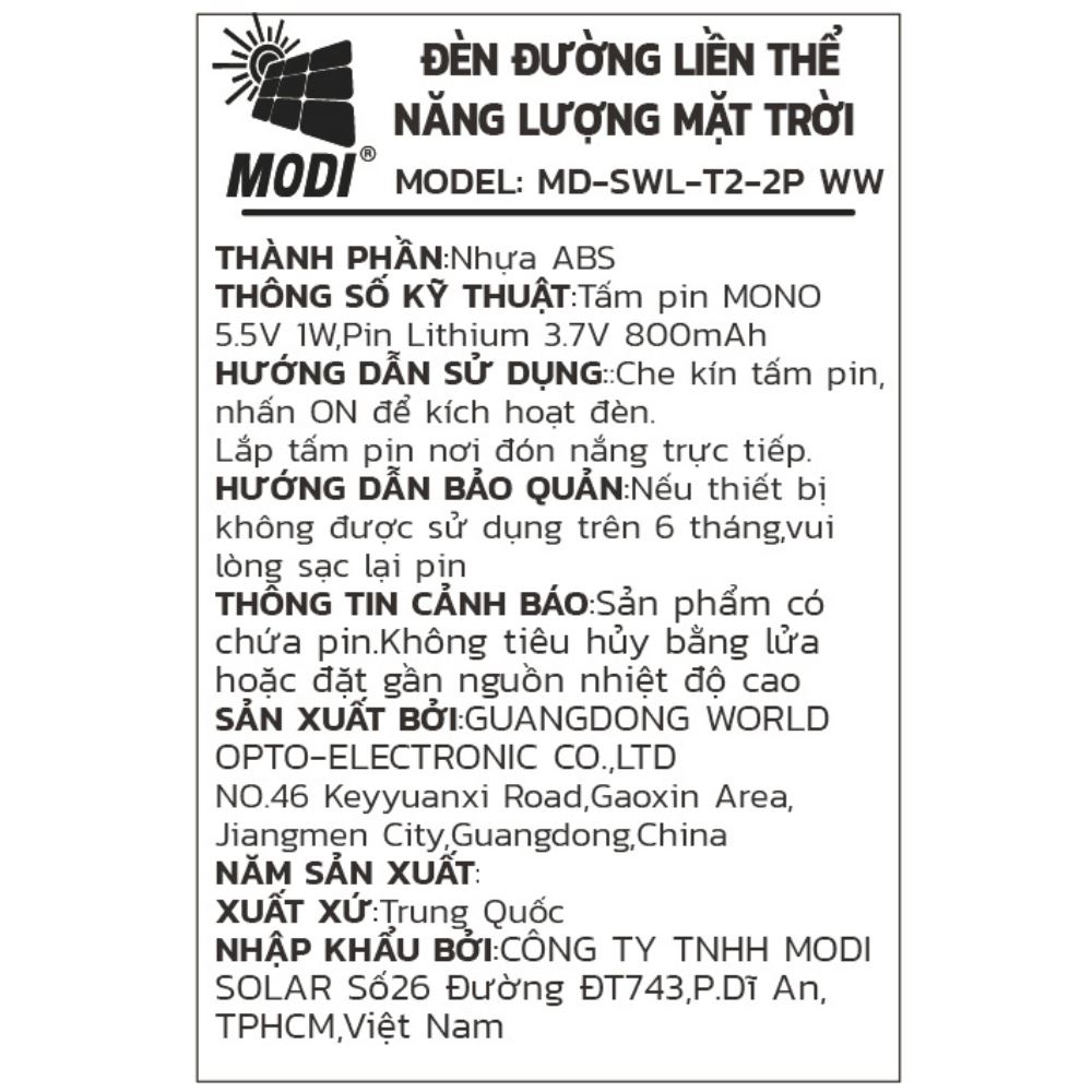 Đèn hắt tường năng lượng mặt trời Modi MD-SWL-T2-2P WW Màu Đen