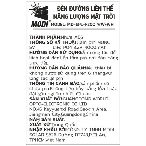 Đèn trụ cổng năng lượng mặt trời Modi MD-SPL-F200 WW+WH Màu Trắng