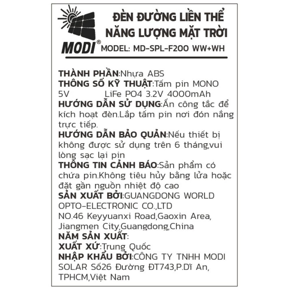 Đèn trụ cổng năng lượng mặt trời Modi MD-SPL-F200 WW+WH Màu Trắng