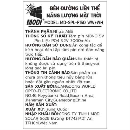 Đèn trụ cổng năng lượng mặt trời Modi MD-SPL-F150 WW+WH Màu Trắng
