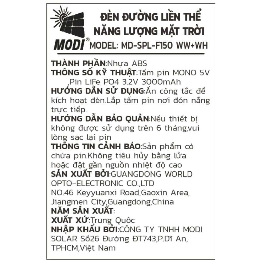 Đèn trụ cổng năng lượng mặt trời Modi MD-SPL-F150 WW+WH - 2