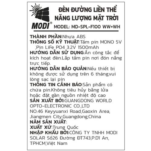 Đèn trụ cổng năng lượng mặt trời Modi MD-SPL-F100 WW+WH Màu Trắng