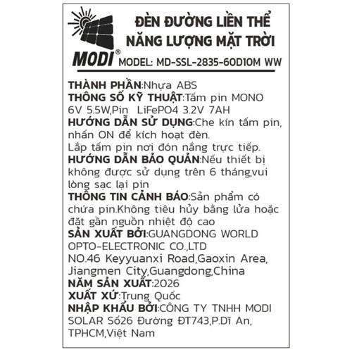 Đèn dây LED trang trí năng lượng mặt trời Modi MD-SSL-2835-60D10M WW Màu Trắng