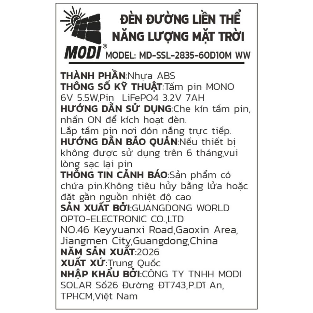 Đèn dây LED trang trí năng lượng mặt trời Modi MD-SSL-2835-60D10M WW Màu Trắng