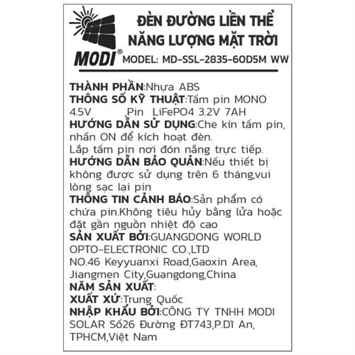 Đèn dây LED trang trí năng lượng mặt trời Modi MD-SSL-2835-60D5M WW Màu Trắng