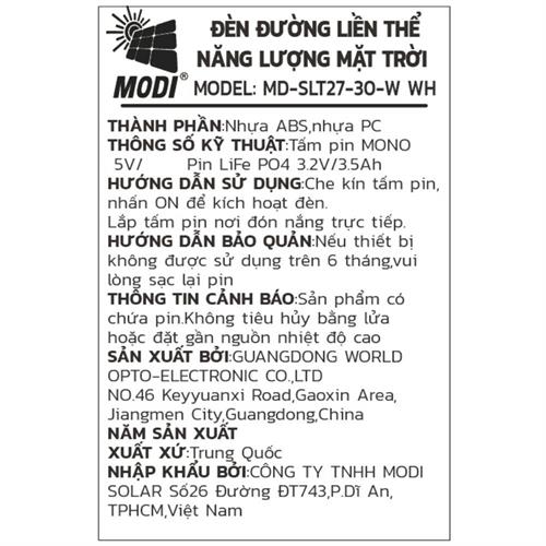 Đèn đường liền thể năng lượng mặt trời Modi MD-SLT27-30-W WH Màu Đen