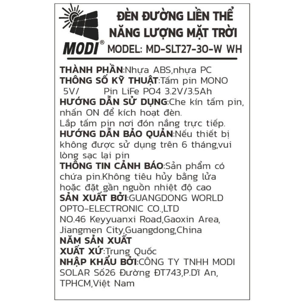 Đèn đường liền thể năng lượng mặt trời Modi MD-SLT27-30-W WH - 6