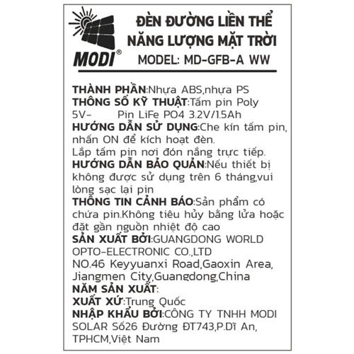 Đèn trụ cổng năng lượng mặt trời Modi MD-GFB-A WW Màu Đen