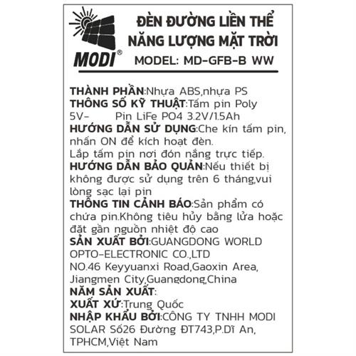 Đèn trụ cổng năng lượng mặt trời Modi MD-GFB-B WW Màu Đen