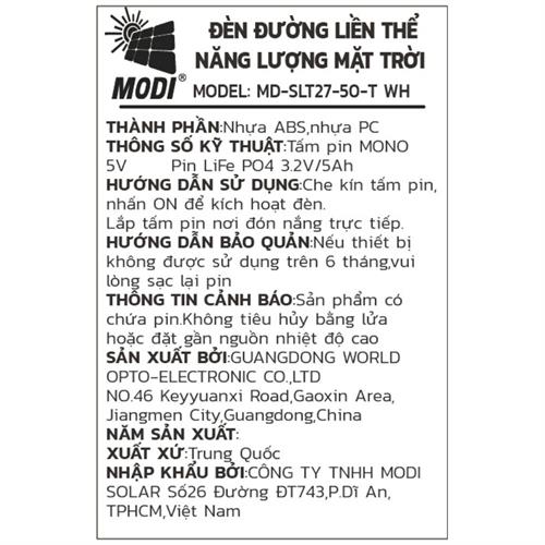 Đèn đường liền thể năng lượng mặt trời Modi MD-SLT27-50-T WH Màu Đen