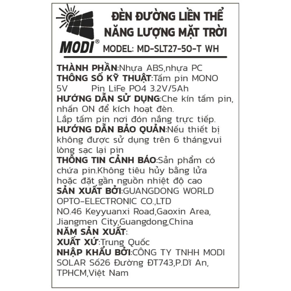 Đèn đường liền thể năng lượng mặt trời Modi MD-SLT27-50-T WH Màu Đen
