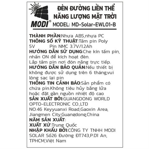 Đèn ứng cấp năng lượng mặt trời Modi MD-SOLAR-EWL01-B Màu Đen
