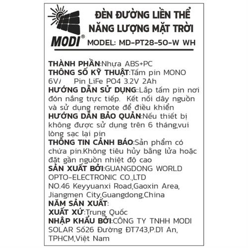 Đèn pha năng lượng mặt trời Modi MD-PT28-50-W WH Màu Đen