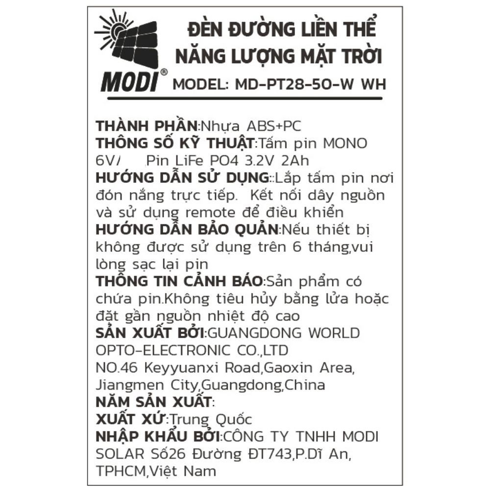 Đèn pha năng lượng mặt trời Modi MD-PT28-50-W WH Màu Đen