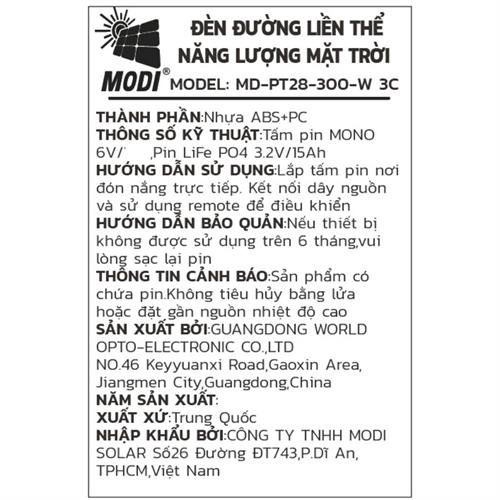 Đèn pha năng lượng mặt trời Modi MD-PT28-300-W 3C Màu Đen