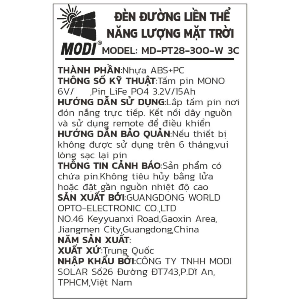 Đèn pha năng lượng mặt trời Modi MD-PT28-300-W 3C Màu Đen