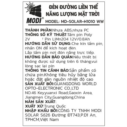 Đèn cắm cỏ năng lượng mặt trời Modi MD-SOLAR-H1010 WW Màu Đen