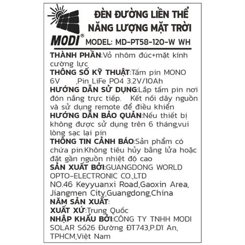 Đèn pha năng lượng mặt trời Modi MD-PT58-120-W WH Màu Đen