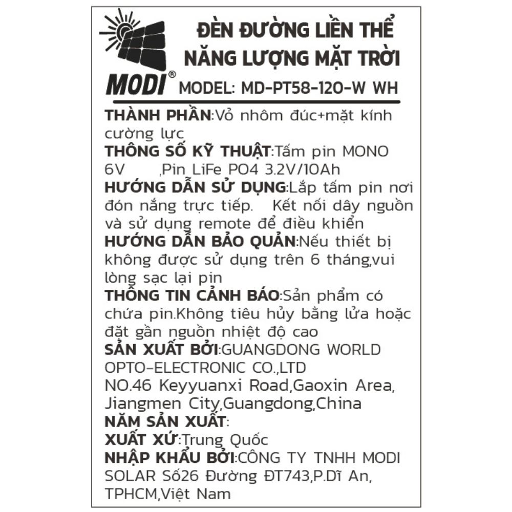 Đèn pha năng lượng mặt trời Modi MD-PT58-120-W WH Màu Đen