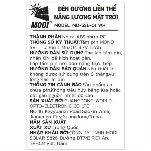 Đèn cắm cỏ năng lượng mặt trời Modi MD-SSL-01 WH Màu Đen