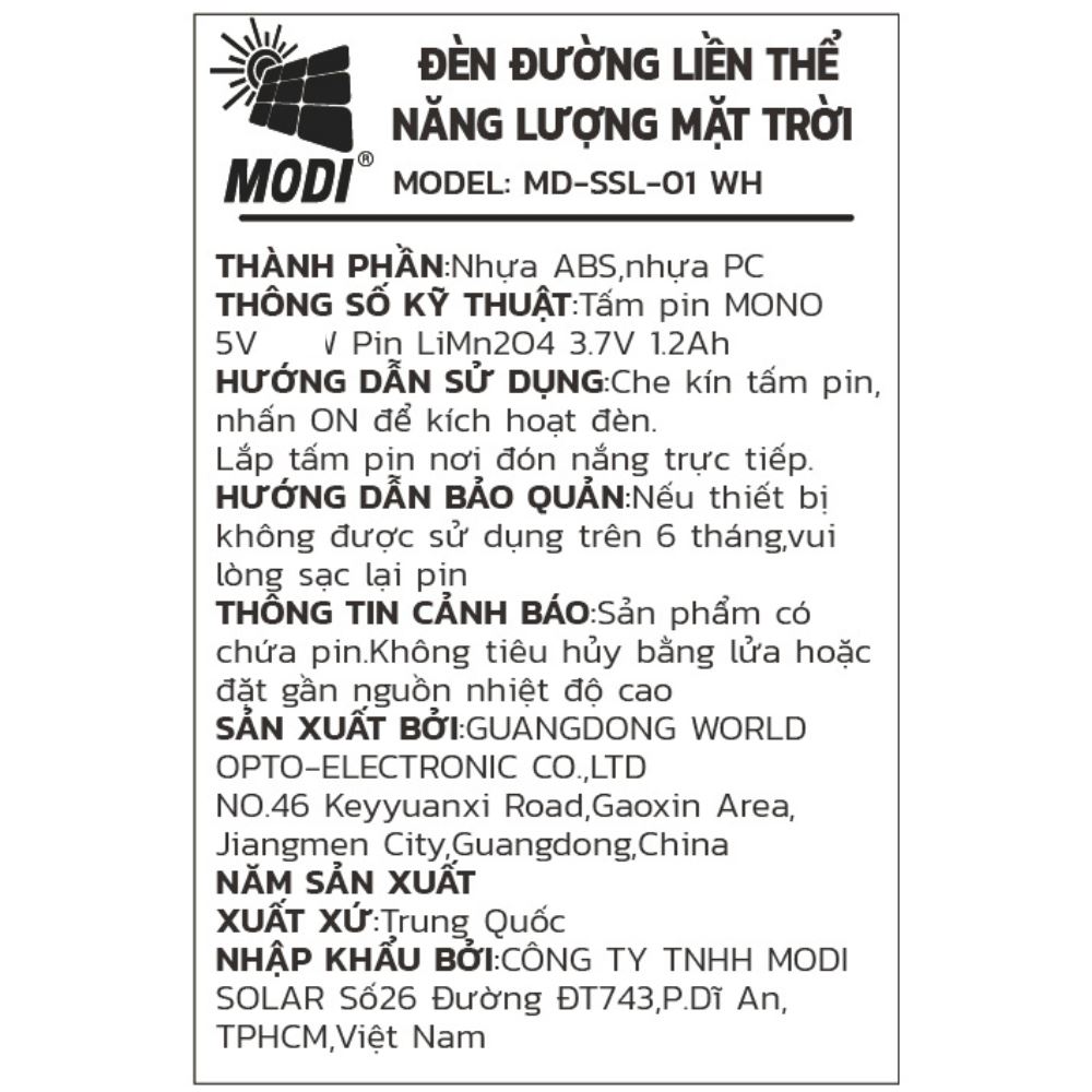 Đèn cắm cỏ năng lượng mặt trời Modi MD-SSL-01 WH Màu Đen