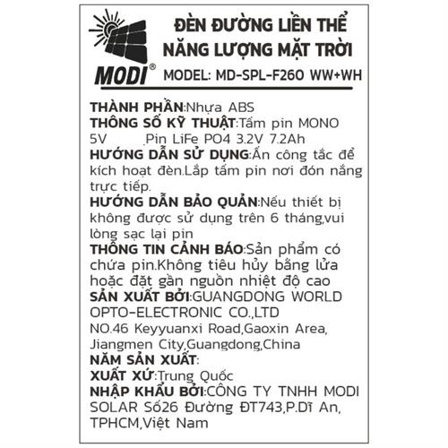 Đèn trụ cổng năng lượng mặt trời Modi MD-SPL-F260 WW+WH Màu Trắng