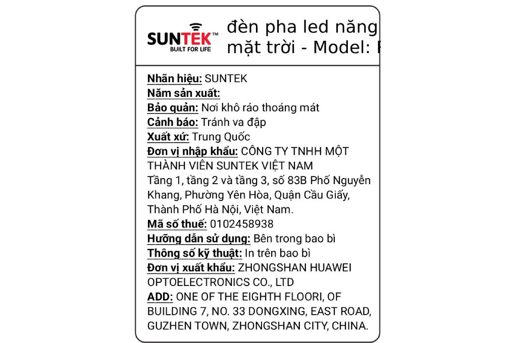 Đèn pha năng lượng mặt trời SUNTEK RPA-200W Màu Đen