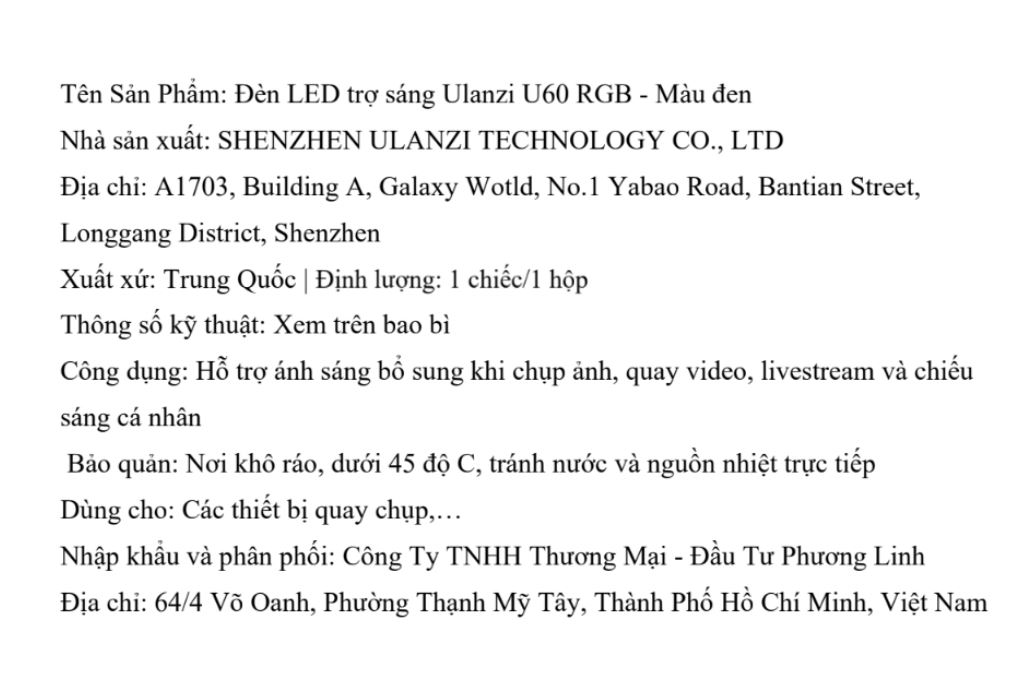 Đèn Livestream LED RGB Full Color 60 Bóng 5W 2500mAh Ulanzi U60 Màu Đen