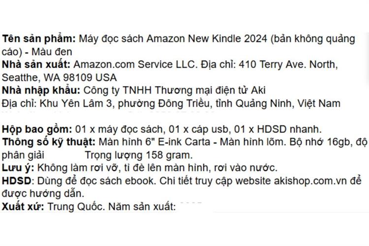 Máy đọc sách New Kindle 2024 6 inch 16 GB Màu Đen