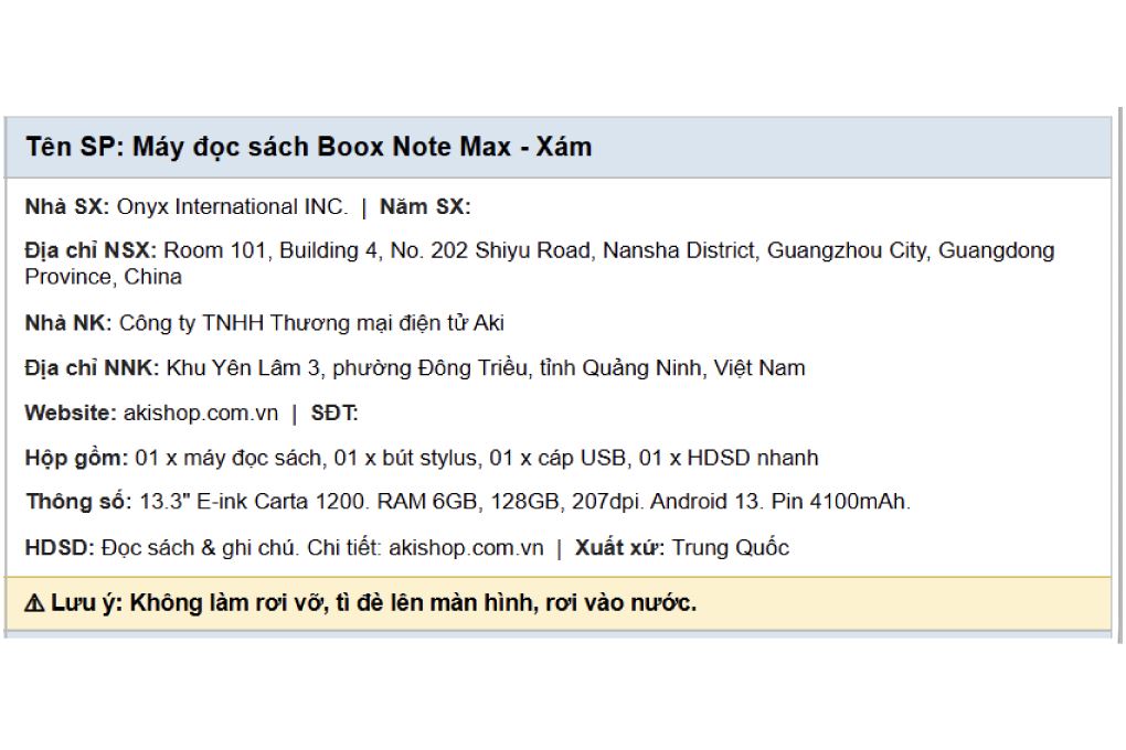 Máy đọc sách Boox Note Max 13.3inch 128GB Màu Trắng - Xám